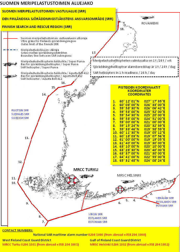 Suomen meripelastusjärjestelmä MRCC = Maritime Rescue Co-ordination Centre MRSC = Maritime Rescue Co-ordination Sub-Centre