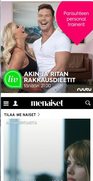 Sanoma Lifestyle mobiilissa Vauva Me naiset Kodin kuvalehti Hyvä terveys ET Cosmopolitan Eri kävijät/vko: 220 000 Sivulataukset/vko: 3 300 000 Eri kävijät/vko: 100 000 Sivulataukset/vko: 540 000 Eri
