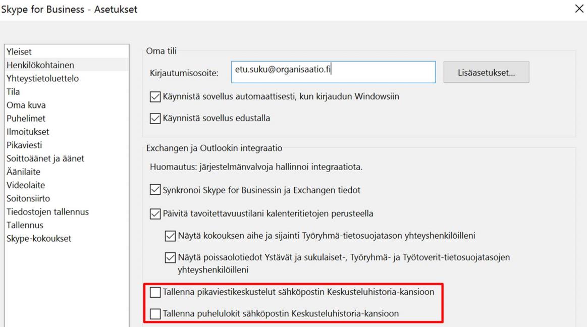 Pikaviestit ja puheluloki Toistaiseksi suositellaan, että keskusteluhistoria ja pikaviestien/puhelulokien tallentuminen estetään käyttäjän tai palvelun ylläpitäjän toimesta (kts.