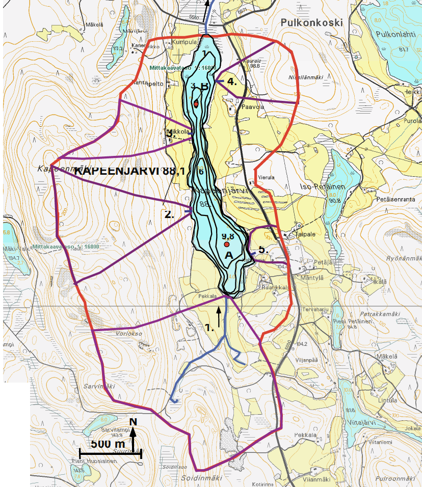 2. Maaningan Kapeejärvi Taustatietoja Ala-Pulkon vesistöalue, Maaninka/Kuopio Pinta-ala 47 ha Keskisyvyys 3,1 m Suurin syvyys 9,8 m Tilavuus 1,45 x 10 6 m 3 Valuma-alueen pinta-ala 432 ha Viipymä 8,5