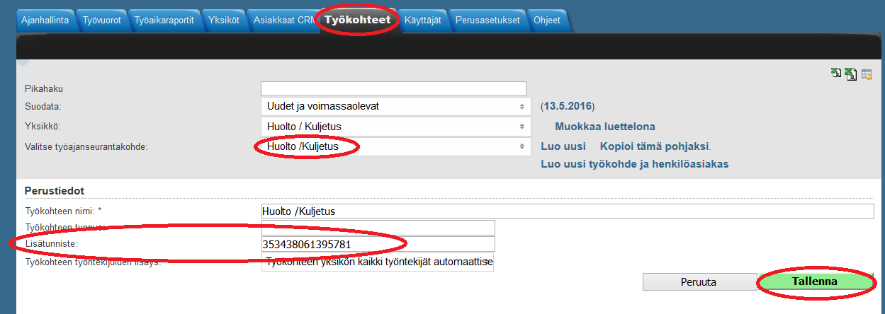 5. Tuntinetissä laitteen IMEI-koodi kirjoitetaan sen / niiden Työkohteiden Perustiedoissa olevaan lisätunnistekenttään. IMEI-koodi löytyy ruuvin suojalkannen alta.