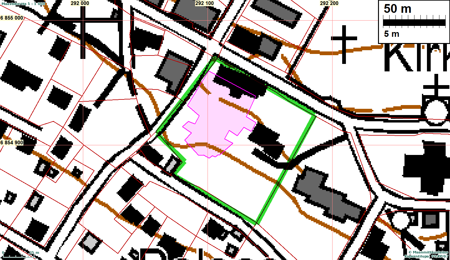 3 Kartta v. 2009 raportista jossa isojakokartalta 1788 paikannettu Pappilan tontti merkitty punaisella v. 2009 inventoinnin rajaus sinipunaisella.