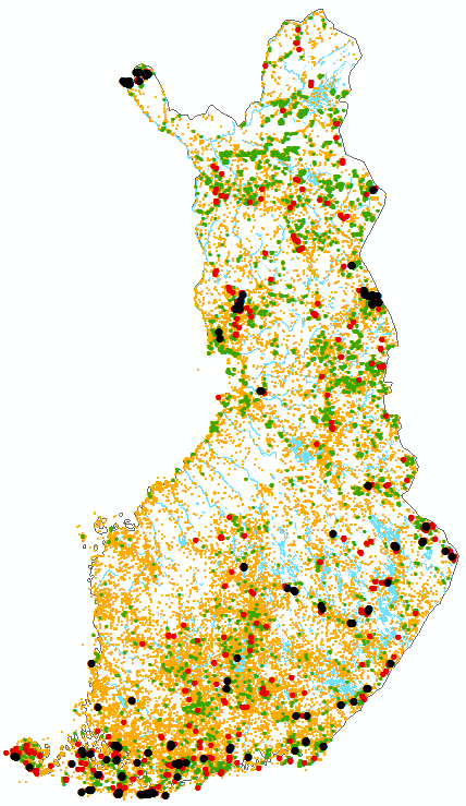 Liite 5. Punaisen listan lajien (RE, CR, EN, VU, NT) määrä 1 km 2 :n ruuduissa.