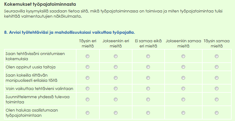 Työpajatoiminnan arviointikysymyksiä Esimerkki