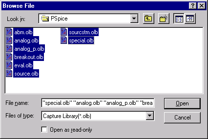 4 MIKÄLI VASTUSTA EI TULE TARJOLLE, valitse "Add Library" ja valitse hakemistosta "PSpice" kaikki kirjastot ja valitse "Open" alla olevan kuvan mukaisesti. Valitaan komponentti klikkaamalla "OK".