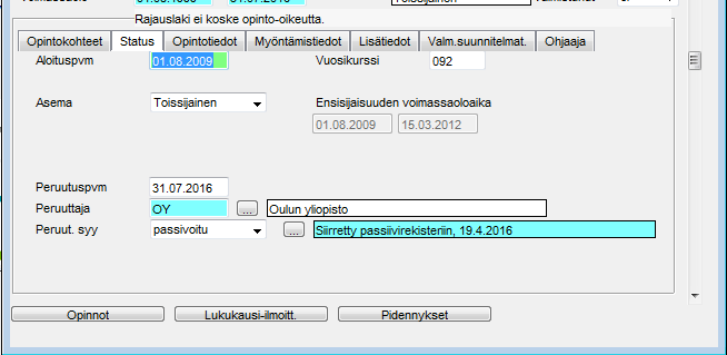 4. Ohje passivoinnin purkamiseen WinOodissa (Opiskelijakeskus ja Koulutuksen lähipalvelutiimit) Tältä näyttää