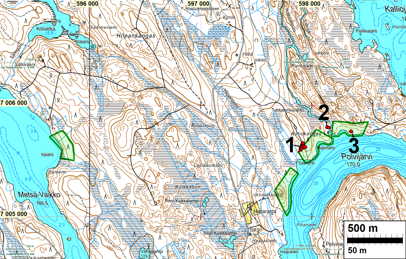 5 Yleiskartat Tutkitut alueet vihreällä ja raportissa kuvatut kohteet