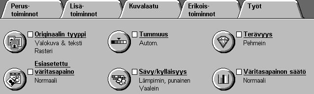 Terävyys Terävyys-toiminnolla (kuvassa ) voidaan säätää kopiojäljen terävyyttä. Valittavina on viisi terävyysasetta, jotka karkeasti vastaavat näytössä olevia kuvia. HUOM.