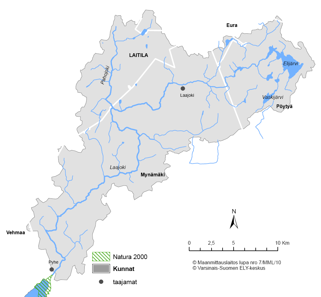 11 Kuva 4. Laajoen vesistöalue, alueen kuntarajat (valkoiset viivat), tärkeimmät taajamat, järvet ja joet sekä Natura 2000 -alueet.