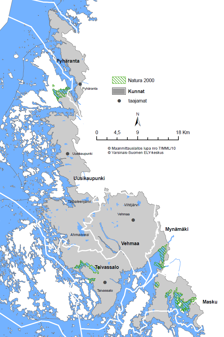 22 Kuva 8. Rannikkoalue, alueen kuntarajat (valkoiset viivat), tärkeimmät taajamat, järvet ja joet sekä Natura 2000 -alueet.