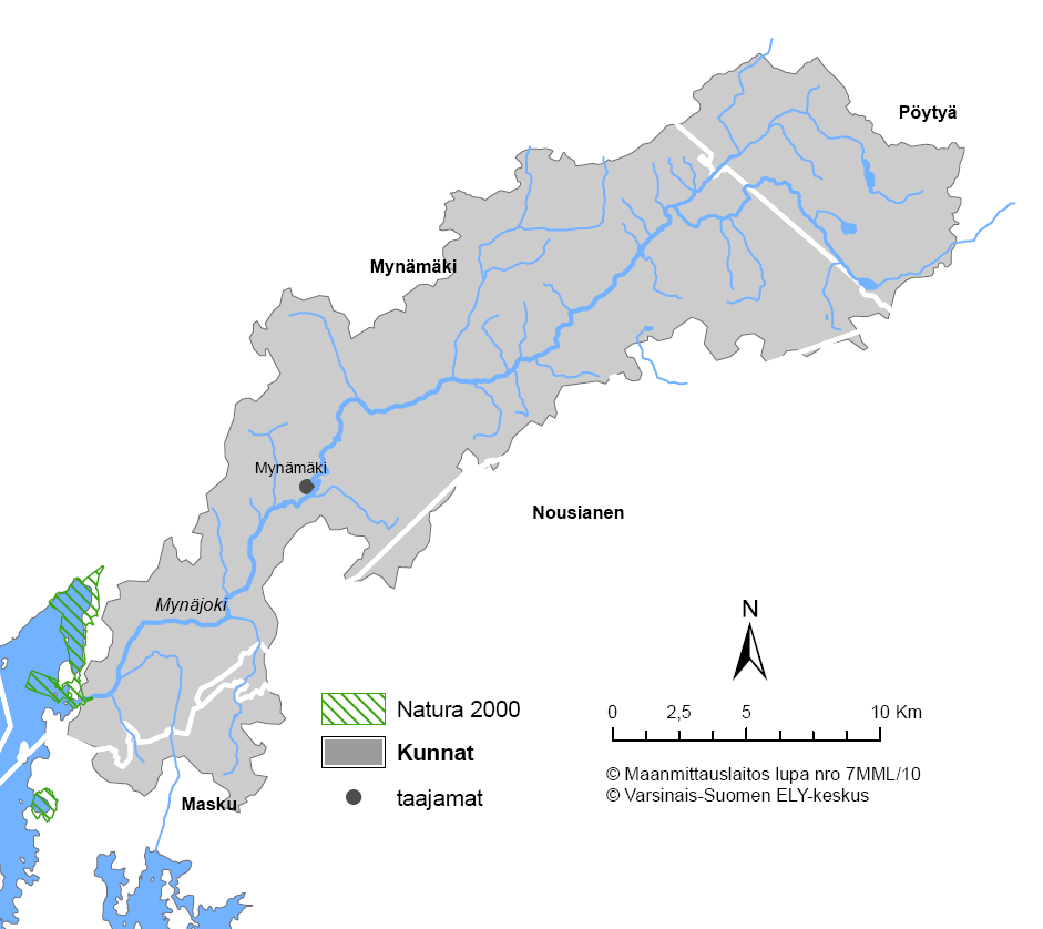 8 Kuva 3. Mynäjoen vesistöalue, alueen kuntarajat (valkoiset viivat), tärkein taajama, järvet ja joet sekä Natura 2000 -alueet. Taulukko 4. Maankäyttö Mynäjoen vesistöalueella (Corine 2000).