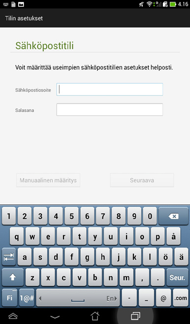 Sähköposti Sähköpostisovellus mahdollistaa POP3-, IMAP- ja Exchange-tilien lisäämisen niin, että voit vastaanottaa, luoda ja selata sähköposteja suoraan ASUS-tabletilta. TÄRKEÄÄ!