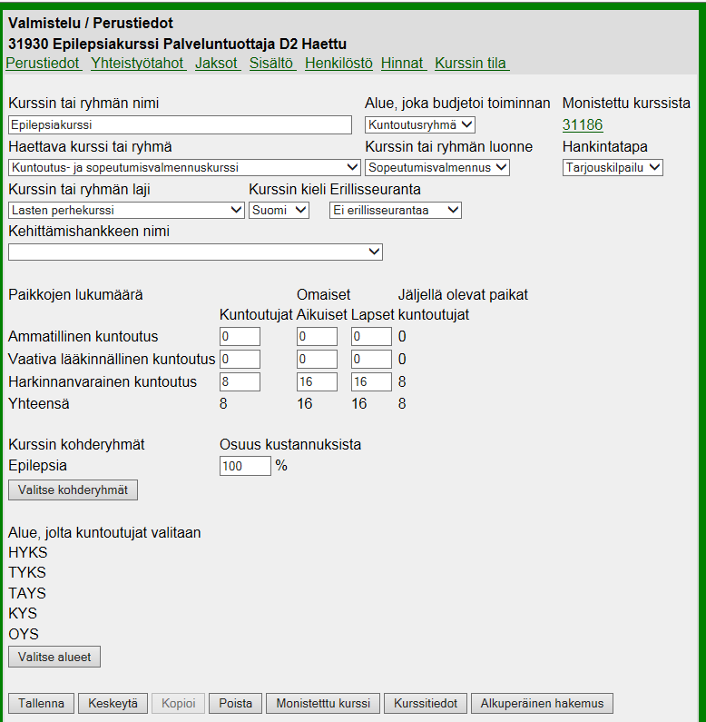 11 3 Kuntoutuskurssijärjestelmän Extranetin kortit 3.1 Perustiedot kortti Perustiedot -kortti on suljettu. Palveluntuottaja ei voi muuttaa kortin tietoja monistetuissa kurssissa.