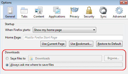 Firefox Oletuksena Firefox-selain tallentaa kaikki tiedostot käyttäjän Lataukset(Downloads)-hakemistoon. Voit valita tallennushakemistoksi myös jonkun muun hakemiston.