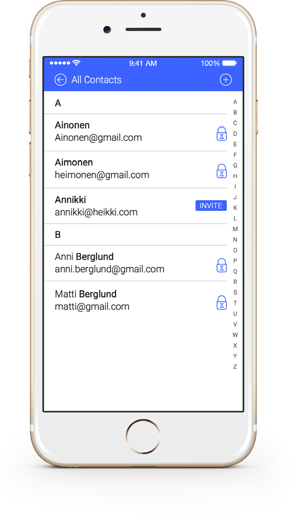 Osoitekirja EEZY KEYZ -mobiilisovellus käyttää automaattisesti laitteen osoitekirjan tietoja. Osoitelistasta voi lisätä viestin vastaanottajia.