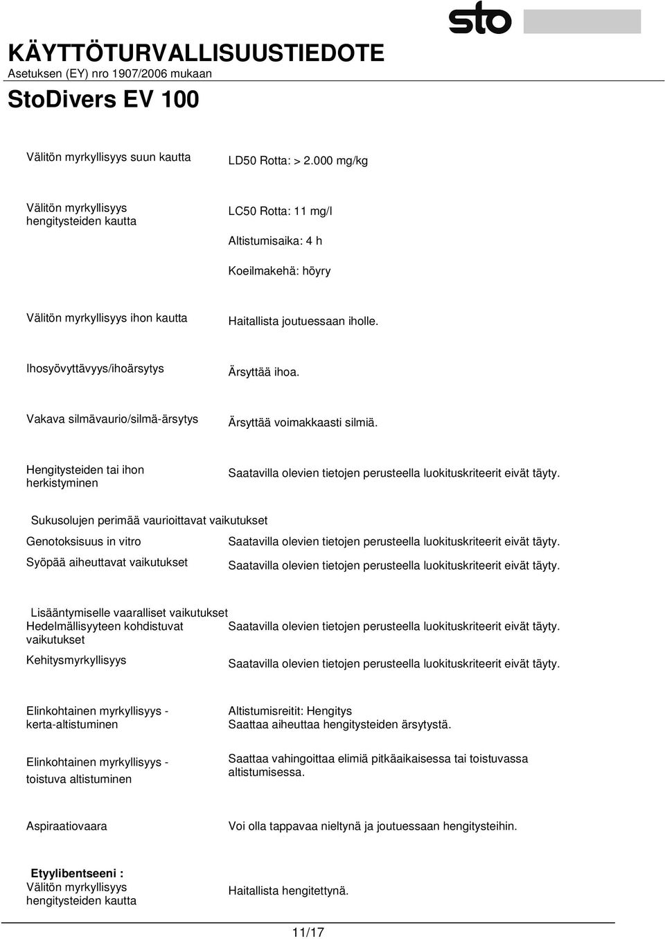 Ihosyövyttävyys/ihoärsytys Ärsyttää ihoa. Vakava silmävaurio/silmä-ärsytys Ärsyttää voimakkaasti silmiä.