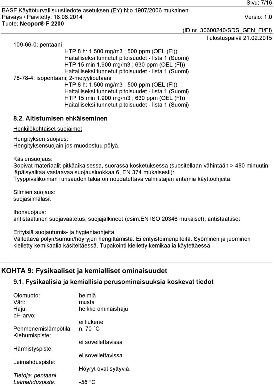 500 mg/m3 ; 500 ppm (OEL (FI)) Haitalliseksi tunnetut pitoisuudet - lista 1 (Suomi) HTP 15 min 1.900 mg/m3 ; 630 ppm (OEL (FI)) Haitalliseksi tunnetut pitoisuudet - lista 1 (Suomi) 8.2.