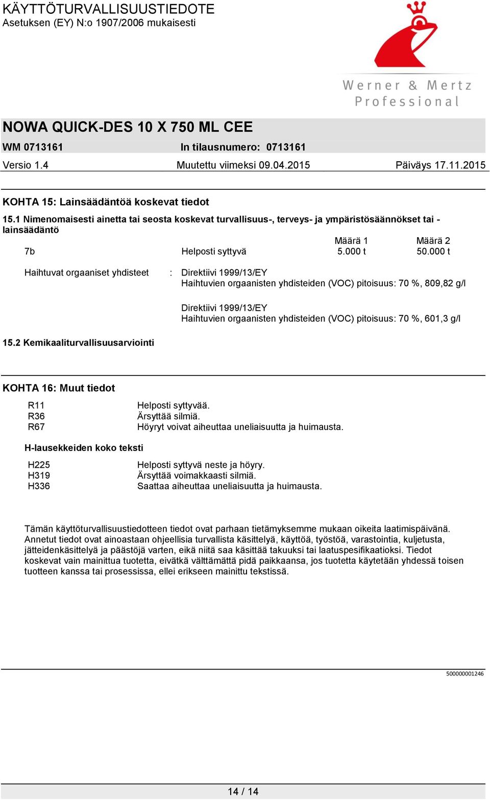 000 t Haihtuvat orgaaniset yhdisteet : Direktiivi 1999/13/EY Haihtuvien orgaanisten yhdisteiden (VOC) pitoisuus: 70 %, 809,82 g/l Direktiivi 1999/13/EY Haihtuvien orgaanisten yhdisteiden (VOC)