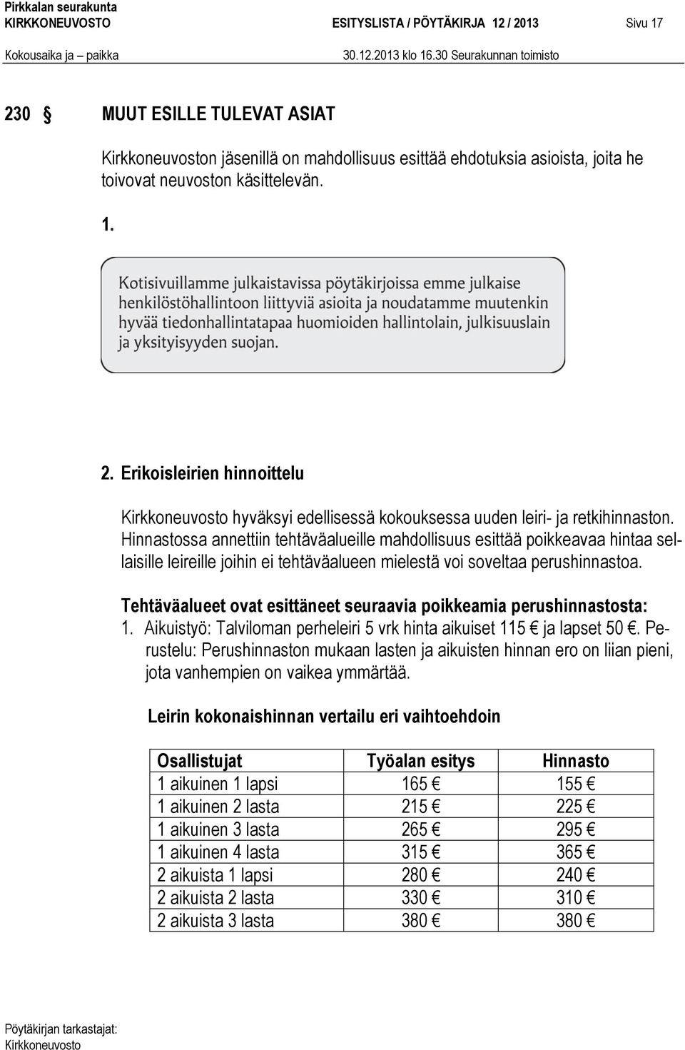 Tehtäväalueet ovat esittäneet seuraavia poikkeamia perushinnastosta: 1. Aikuistyö: Talviloman perheleiri 5 vrk hinta aikuiset 115 ja lapset 50.