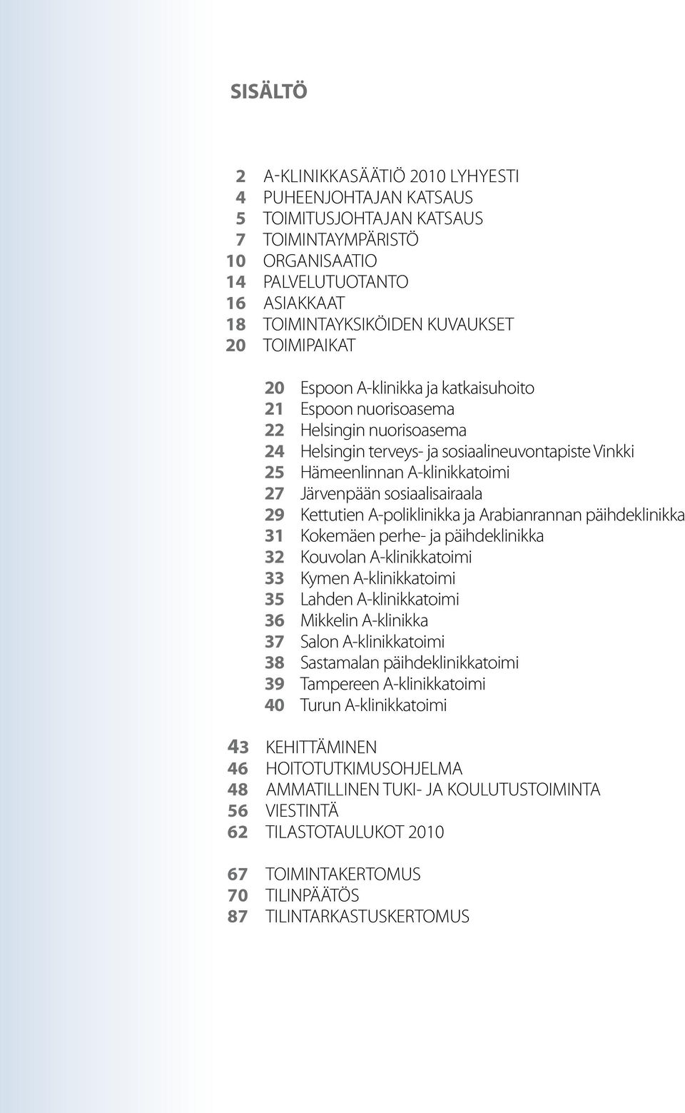 sosiaalisairaala 29 Kettutien A-poliklinikka ja Arabianrannan päihdeklinikka 31 Kokemäen perhe- ja päihdeklinikka 32 Kouvolan A-klinikkatoimi 33 Kymen A-klinikkatoimi 35 Lahden A-klinikkatoimi 36