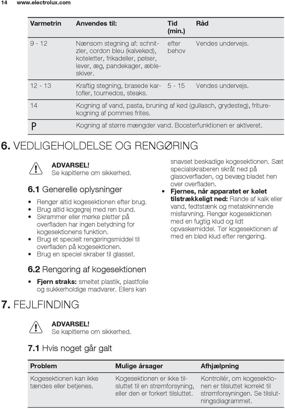 Kogning af større mængder vand. Boosterfunktionen er aktiveret. 6. VEDLIGEHOLDELSE OG RENGØRING ADVARSEL! Se kapitlerne om sikkerhed. 6.1 Generelle oplysninger Rengør altid kogesektionen efter brug.