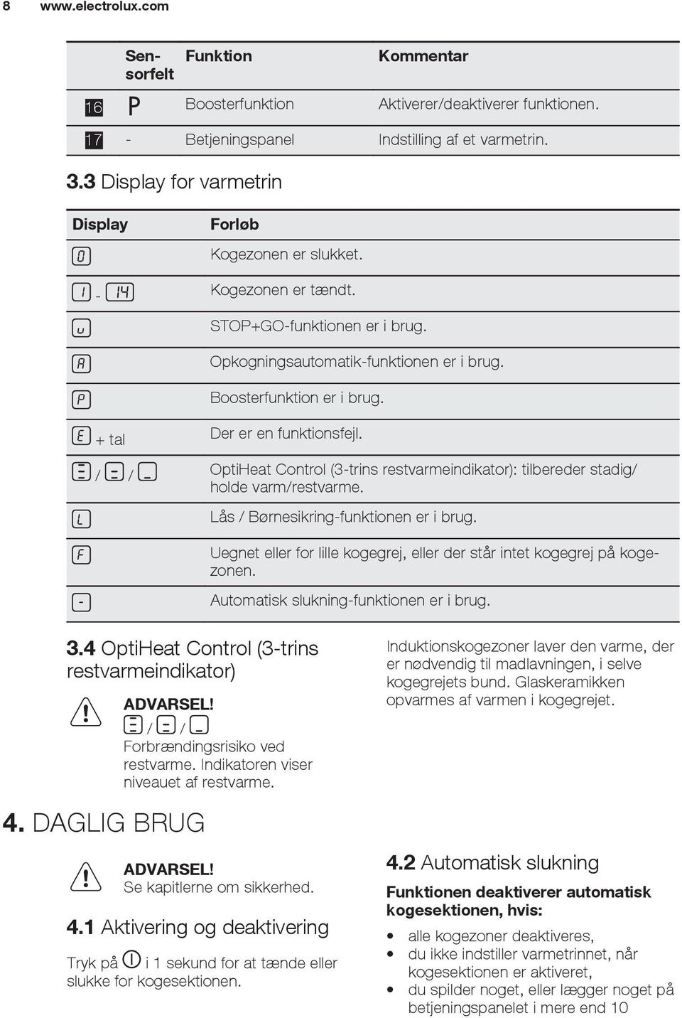 / / OptiHeat Control (3-trins restvarmeindikator): tilbereder stadig/ holde varm/restvarme. Lås / Børnesikring-funktionen er i brug.