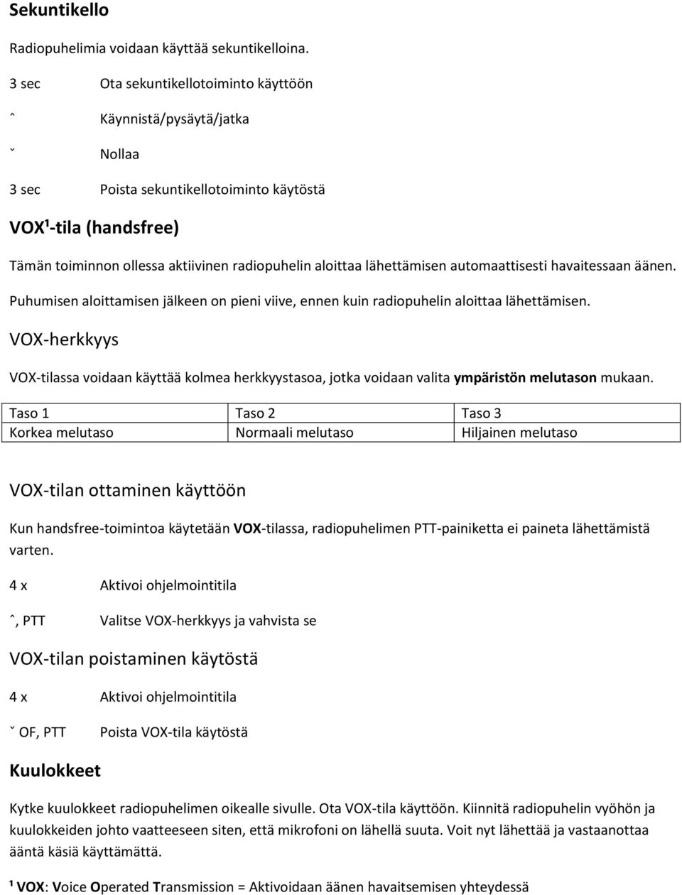 lähettämisen automaattisesti havaitessaan äänen. Puhumisen aloittamisen jälkeen on pieni viive, ennen kuin radiopuhelin aloittaa lähettämisen.