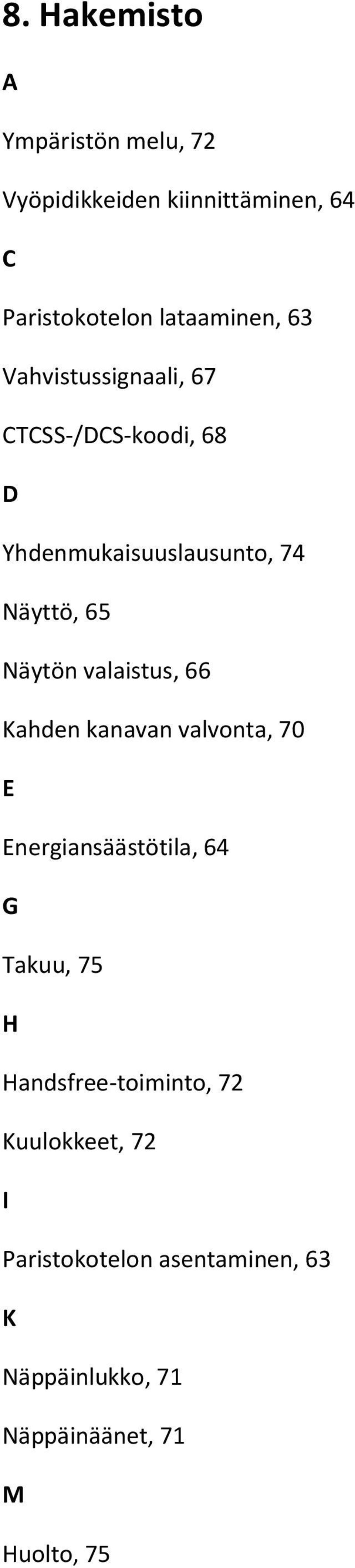 valaistus, 66 Kahden kanavan valvonta, 70 E Energiansäästötila, 64 G Takuu, 75 H