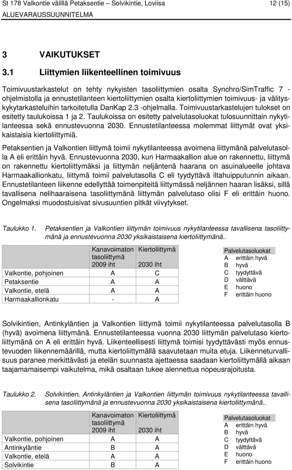 toimivuus- ja välityskykytarkasteluihin tarkoitetulla DanKap 2.3 -ohjelmalla. Toimivuustarkastelujen tulokset on esitetty taulukoissa 1 ja 2.