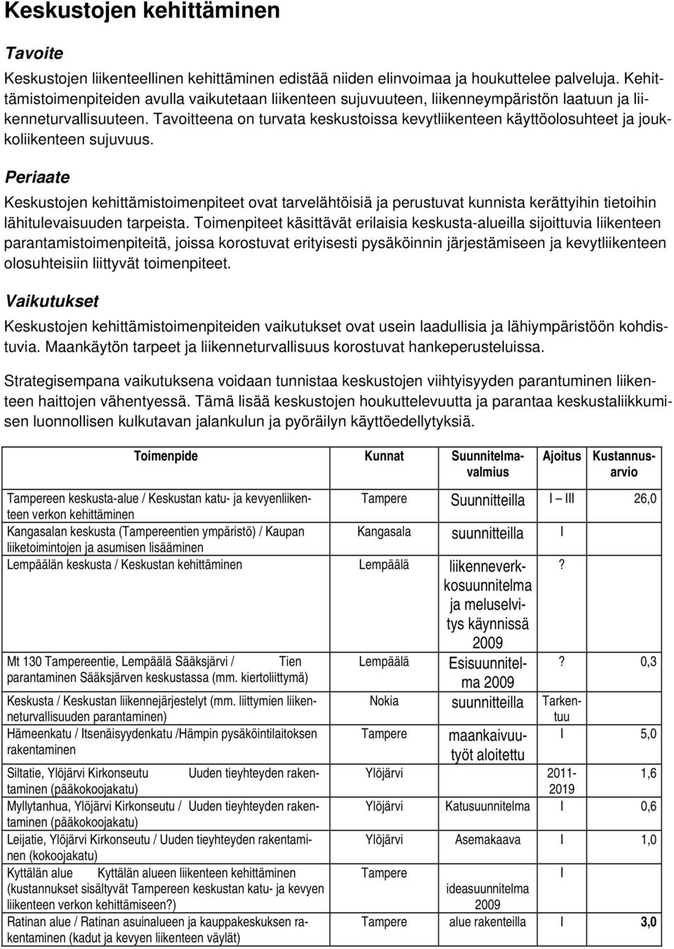 Tavoitteena on turvata keskustoissa kevytliikenteen käyttöolosuhteet ja joukkoliikenteen sujuvuus.