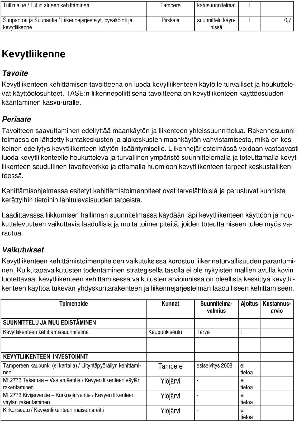 TASE:n liikennepoliittisena tavoitteena on kevytliikenteen käyttöosuuden kääntäminen kasvu-uralle. Periaate Tavoitteen saavuttaminen edellyttää maankäytön ja liikenteen yhteissuunnittelua.