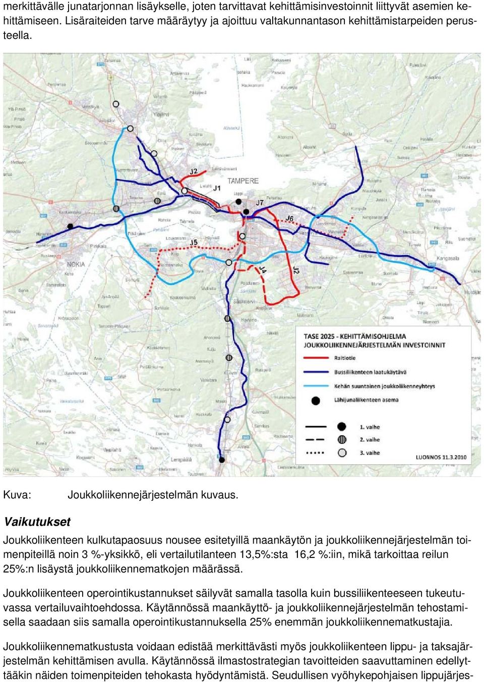 Vaikutukset Joukkoliikenteen kulkutapaosuus nousee esitetyillä maankäytön ja joukkoliikennejärjestelmän toimenpiteillä noin 3 %-yksikkö, eli vertailutilanteen 13,5%:sta 16,2 %:iin, mikä tarkoittaa