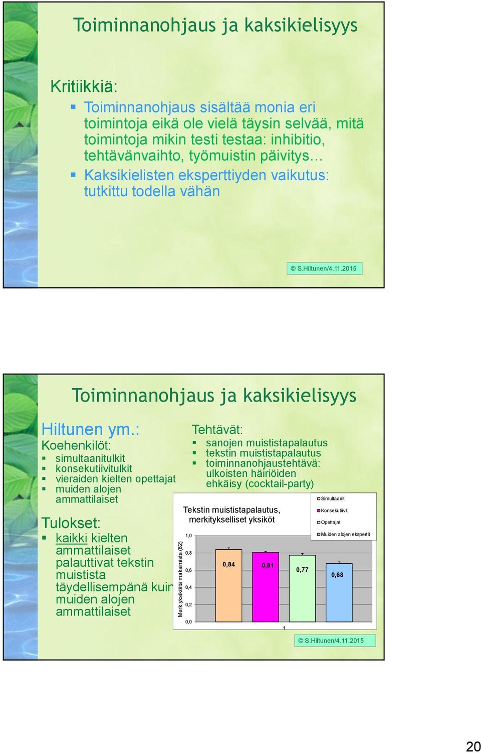 : Koehenkilöt: Toiminnanohjaus ja kaksikielisyys simultaanitulkit konsekutiivitulkit vieraiden kielten opettajat muiden alojen ammattilaiset Tulokset: kaikki kielten ammattilaiset palauttivat tekstin