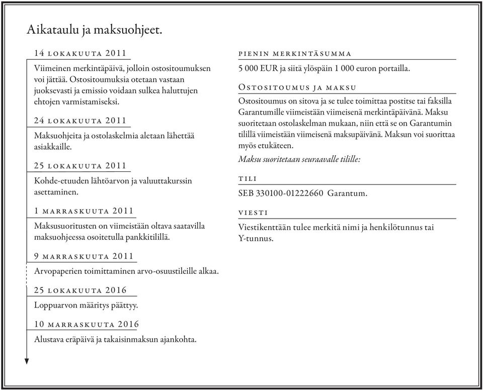 25 lokakuuta 2011 Kohde-etuuden lähtöarvon ja valuuttakurssin asettaminen. 1 marraskuuta 2011 Maksusuoritusten on viimeistään oltava saatavilla maksuohjeessa osoitetulla pankkitilillä.