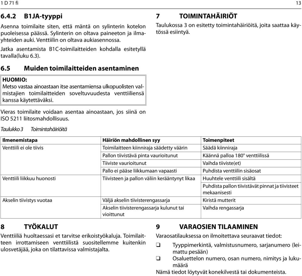 3). 6.5 Muiden toimilaitteiden asentaminen HUOMIO: Metso vastaa ainoastaan itse asentamiensa ulkopuolisten valmistajien toimilaitteiden soveltuvuudesta venttiiliensä kanssa käytettäväksi.