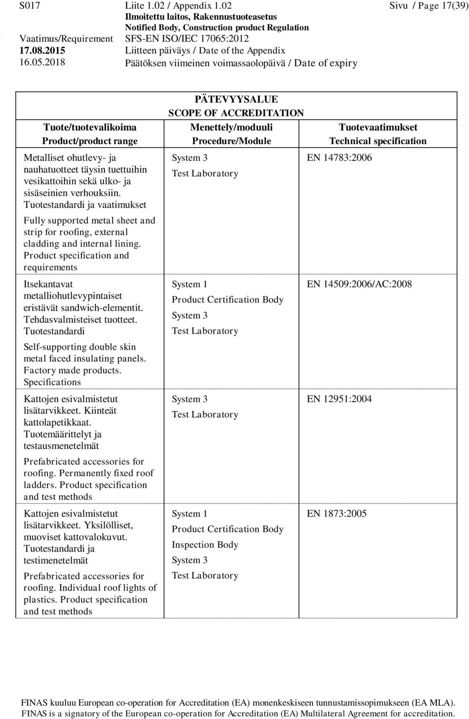 Product specification and requirements Itsekantavat metalliohutlevypintaiset eristävät sandwich-elementit. Tehdasvalmisteiset tuotteet.