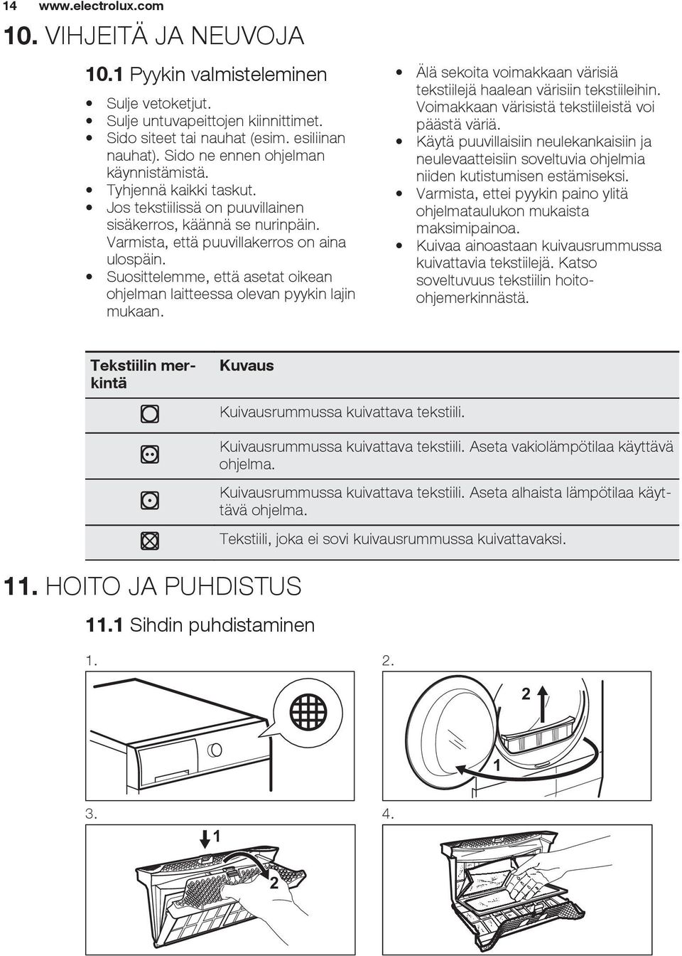 Kuivaa ainoastaan kuivausrummussa kuivattavia tekstiilejä. Katso soveltuvuus tekstiilin hoitoohjemerkinnästä. Sulje vetoketjut. Sulje untuvapeittojen kiinnittimet. Sido siteet tai nauhat (esim.