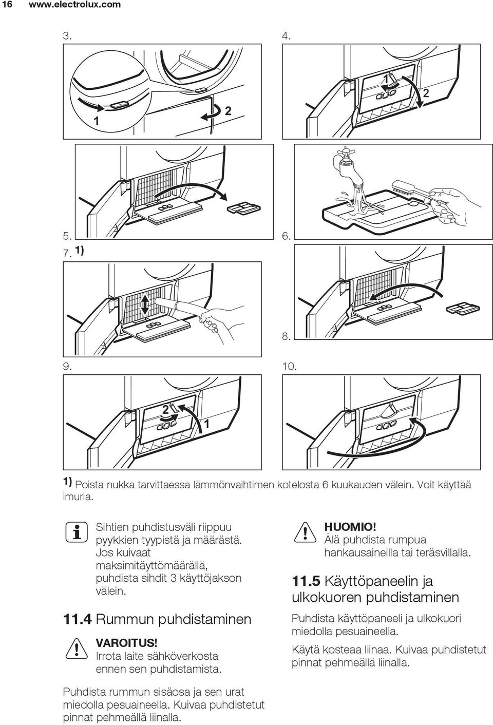 Irrota laite sähköverkosta ennen sen puhdistamista. HUOMIO! Älä puhdista rumpua hankausaineilla tai teräsvillalla. 11.