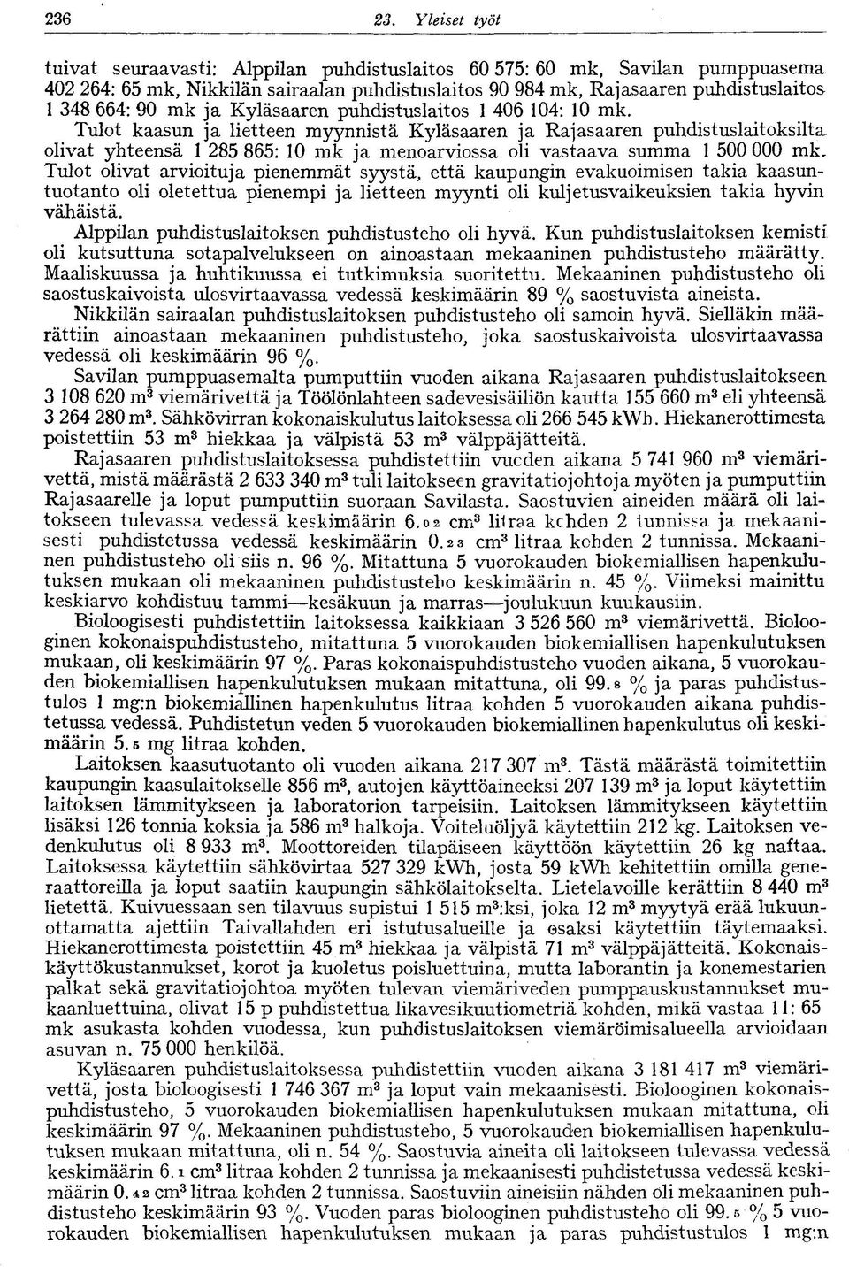 Kyläsaaren puhdistuslaitos 406 04: 0 mk. Tulot kaasun ja lietteen myynnistä Kyläsaaren ja Rajasaaren puhdistuslaitoksilta olivat yhteensä 285 865: 0 mk ja menoarviossa oli vastaava summa 500 000 mk.