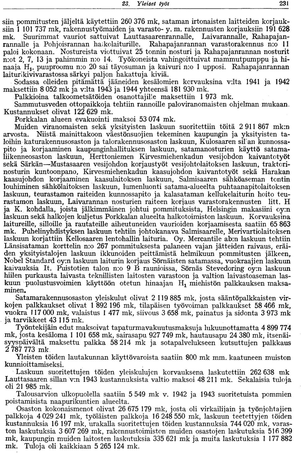 Nostureista viottuivat 25 tonnin nosturi ja Rahapajanrannan nosturit nrot 2, 7, 3 ja pahimmin n:o 4.