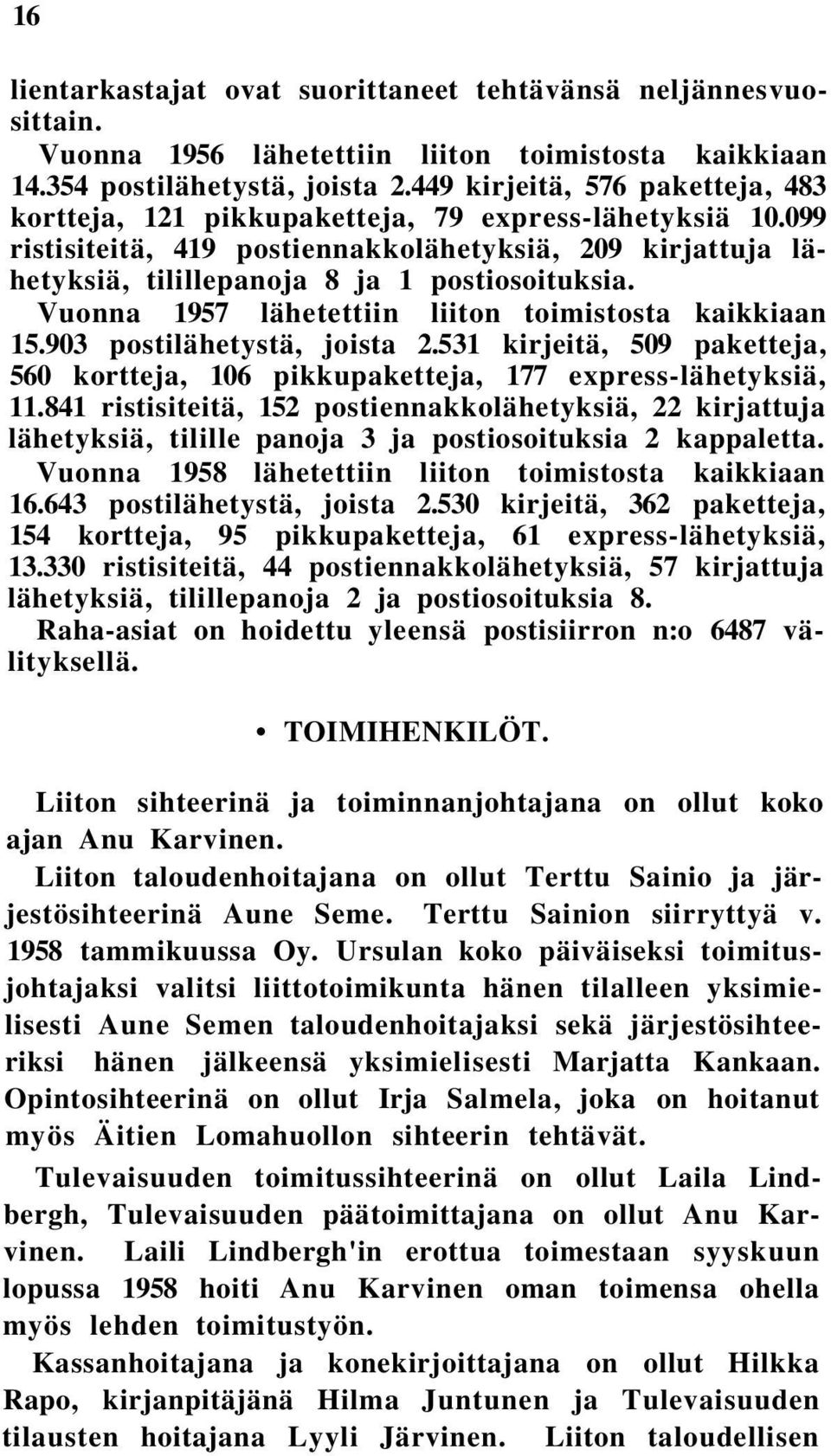 Vuonna 1957 lähetettiin liiton toimistosta kaikkiaan 15.903 postilähetystä, joista 2.531 kirjeitä, 509 paketteja, 560 kortteja, 106 pikkupaketteja, 177 express-lähetyksiä, 11.