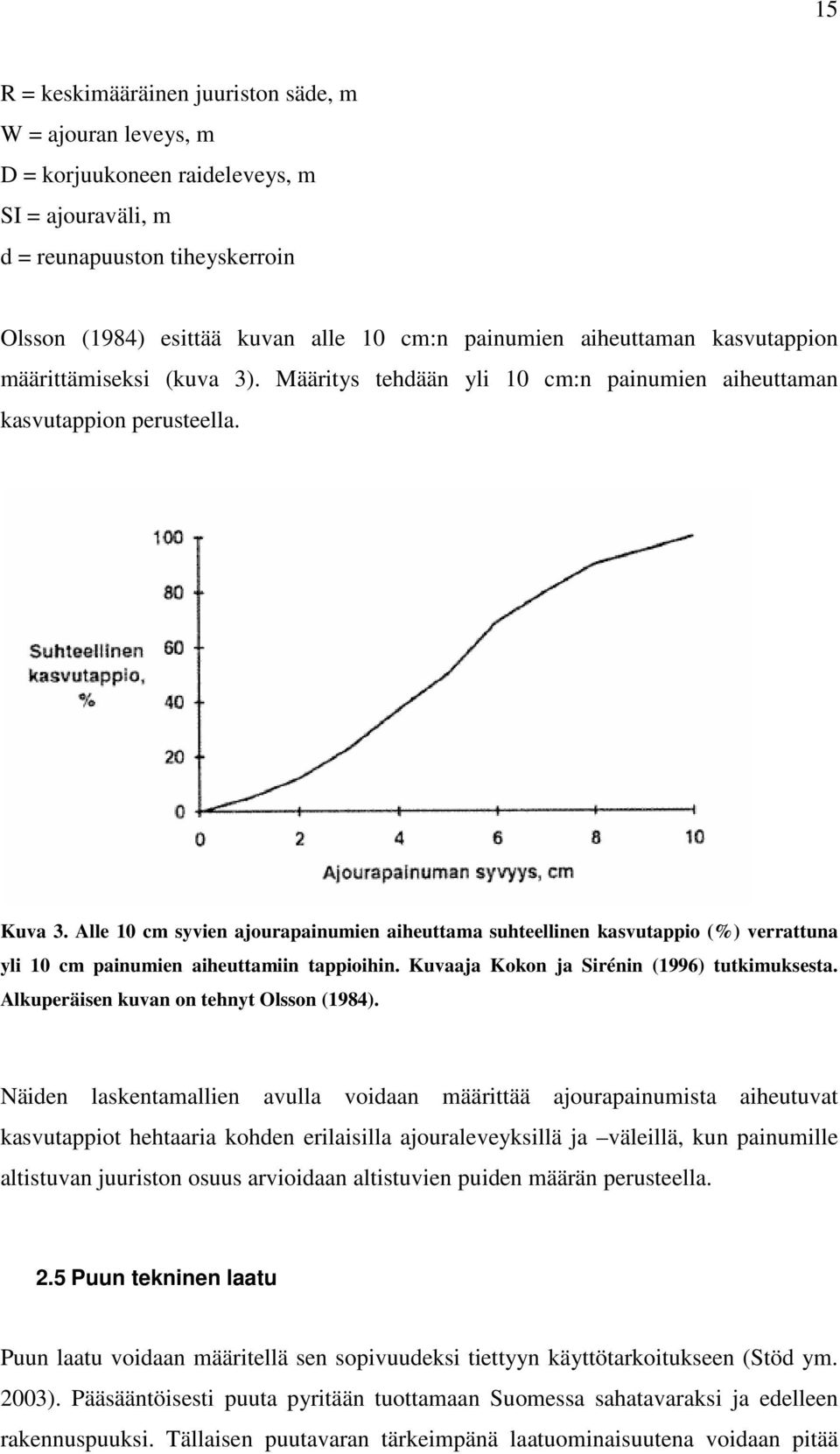 Alle 10 cm syvien ajourapainumien aiheuttama suhteellinen kasvutappio (%) verrattuna yli 10 cm painumien aiheuttamiin tappioihin. Kuvaaja Kokon ja Sirénin (1996) tutkimuksesta.