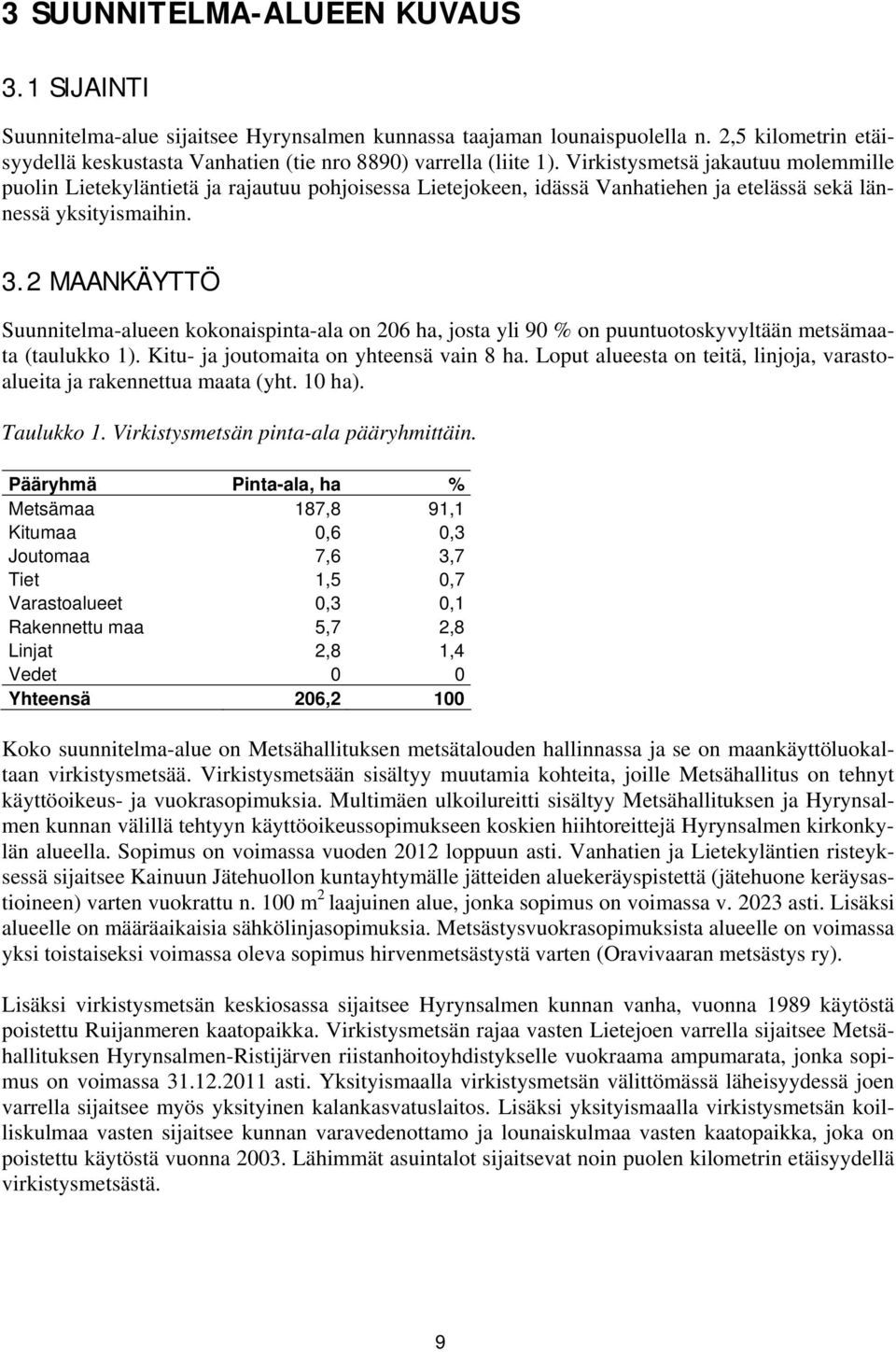 Virkistysmetsä jakautuu molemmille puolin Lietekyläntietä ja rajautuu pohjoisessa Lietejokeen, idässä Vanhatiehen ja etelässä sekä lännessä yksityismaihin. 3.