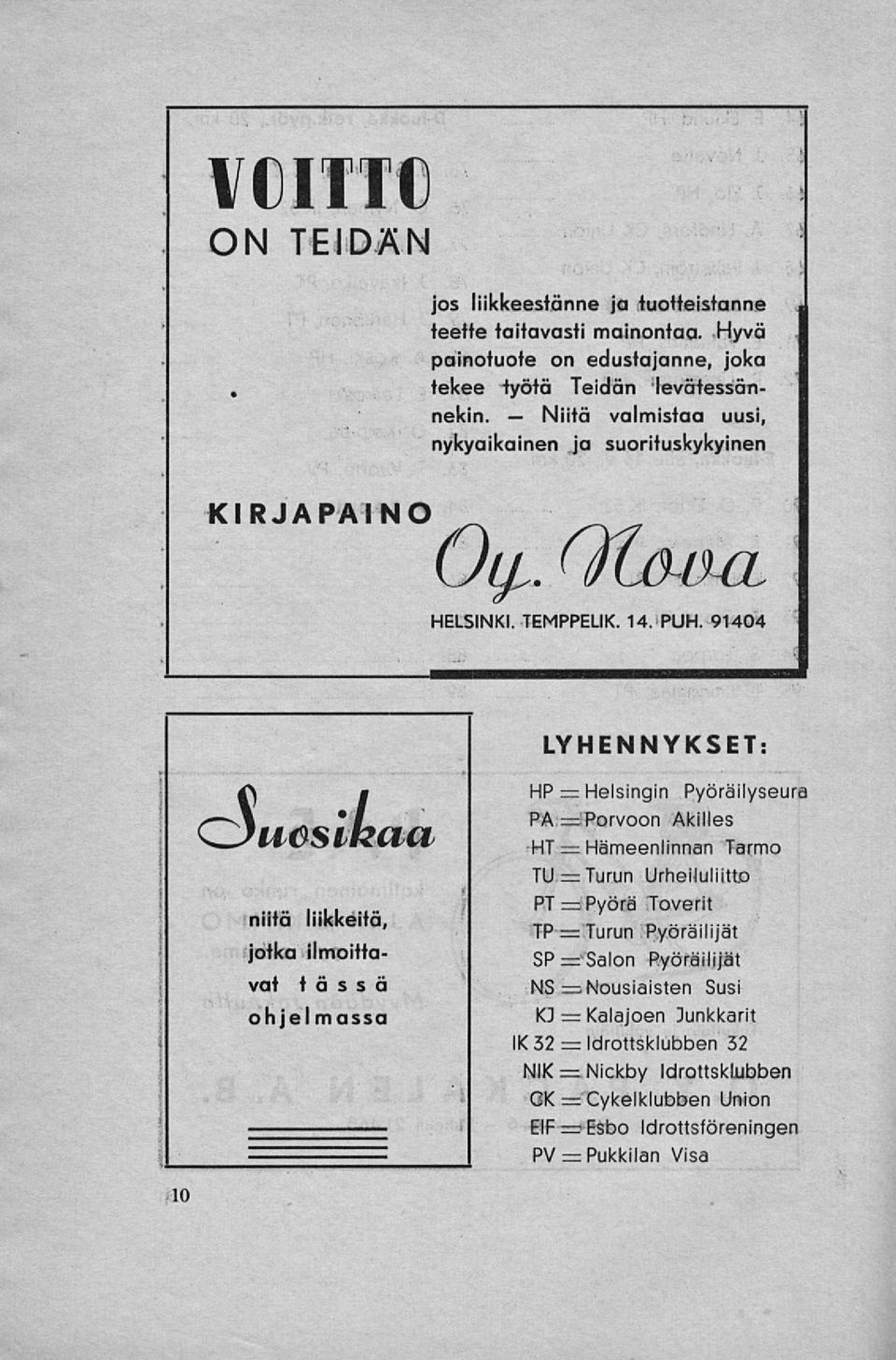 91404 LYHENNYKSET: = HP Helsingin Pyöräilyseura s PA Qjuesikaa = Porvoon Akilles HT = Hämeenlinnan Tarmo : = TU Turun Urheiluliitto = PT Pyörä Toverit niitä liikkeitä,