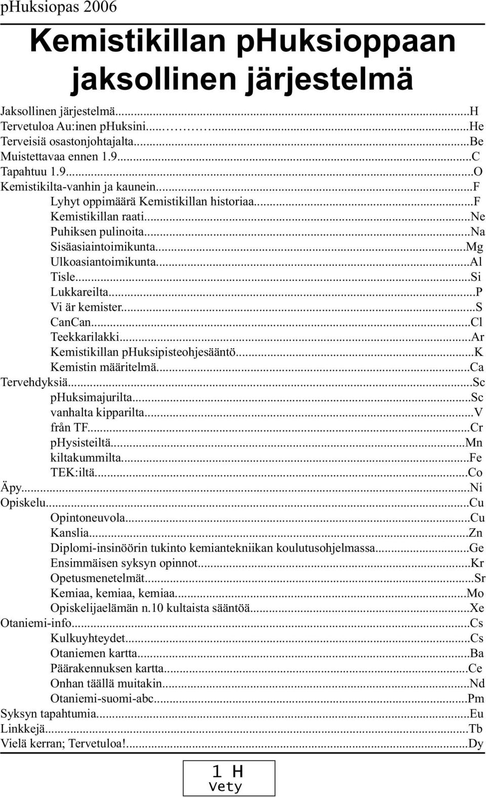 ..Al Tisle...Si Lukkareilta...P Vi är kemister...s CanCan...Cl Teekkarilakki...Ar Kemistikillan phuksipisteohjesääntö...k Kemistin määritelmä...ca Tervehdyksiä...Sc phuksimajurilta.