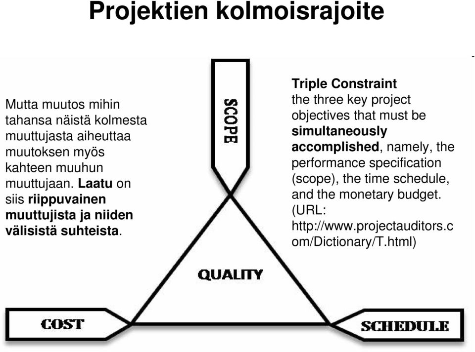 Triple Constraint the three key project objectives that must be simultaneously accomplished, namely, the