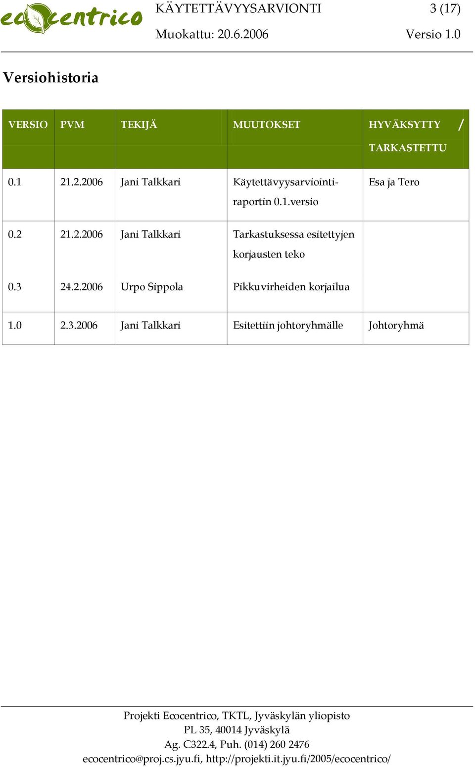 0 2.3.2006 Jani Talkkari Esitettiin johtoryhmälle Johtoryhmä Projekti Ecocentrico, TKTL, Jyväskylän yliopisto PL 35, 40014 Jyväskylä Ag. C322.