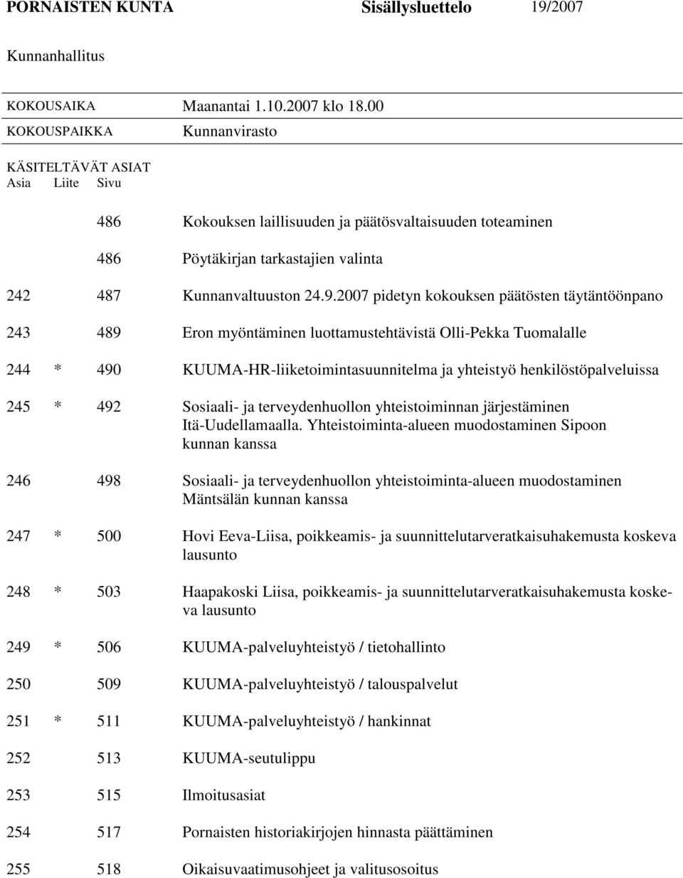 2007 pidetyn kokouksen päätösten täytäntöönpano 243 489 Eron myöntäminen luottamustehtävistä Olli-Pekka Tuomalalle 244 * 490 KUUMA-HR-liiketoimintasuunnitelma ja yhteistyö henkilöstöpalveluissa 245 *