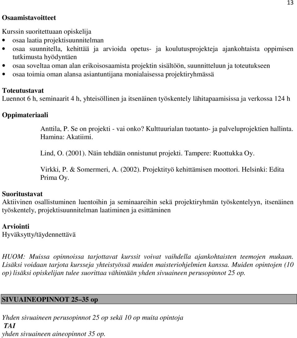 lähitapaamisissa ja verkossa 124 h Anttila, P. Se on projekti - vai onko? Kulttuurialan tuotanto- ja palveluprojektien hallinta. Hamina: Akatiimi. Lind, O. (2001). Näin tehdään onnistunut projekti.