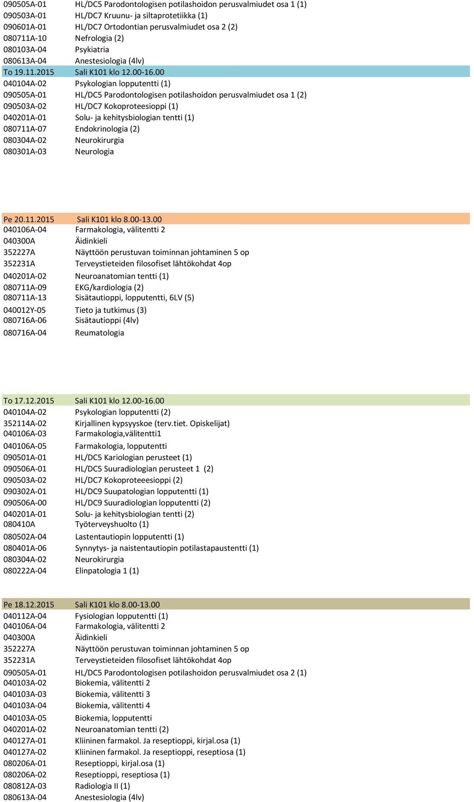 00 040104A-02 Psykologian lopputentti (1) 090505A-01 HL/DC5 Parodontologisen potilashoidon perusvalmiudet osa 1 (2) 090503A-02 HL/DC7 Kokoproteesioppi (1) 040201A-01 Solu- ja kehitysbiologian tentti